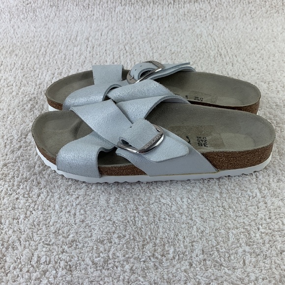 Birkenstock Siena Big Buckle Washed Metallic White Suede Leather 38 Eur - Picture 2 of 9